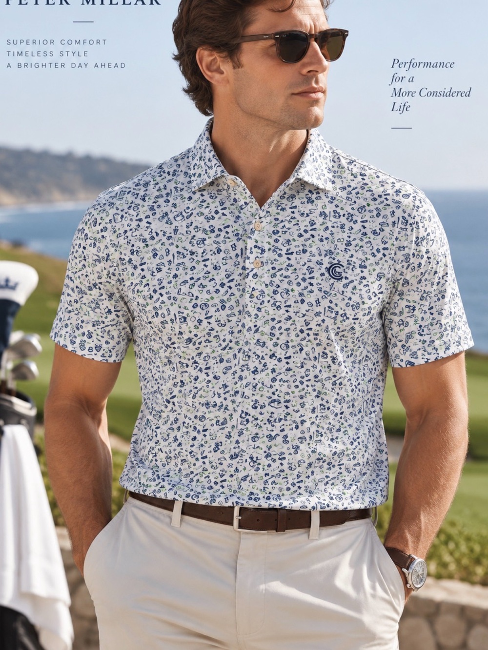 Peter Millar Summer Comfort White Polo with Blue Print